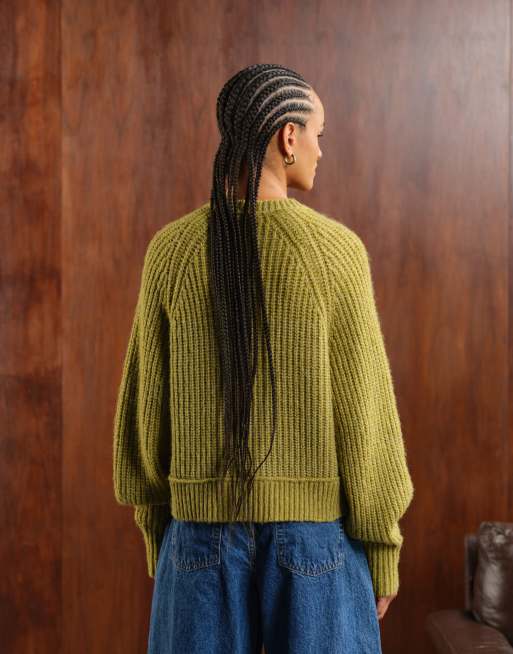 ASOS DESIGN knitted fisherman rib cardigan with raglan detail in olive