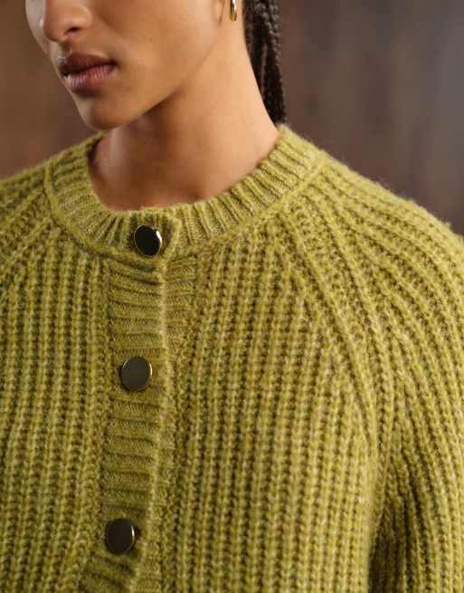 ASOS DESIGN knitted fisherman rib cardigan with raglan detail in olive