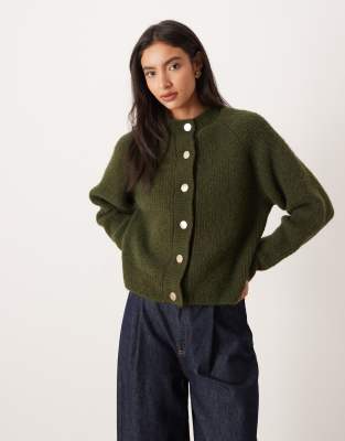 Asos Design Knitted Fisherman Rib Cardigan With Raglan Detail In Green