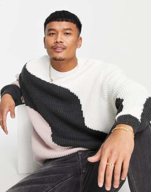 ASOS DESIGN knitted fisherman rib jumper with abstract design in cream