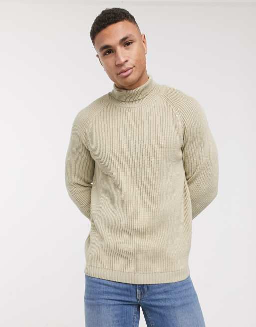 ASOS DESIGN knitted fisherman rib roll neck sweater in oatmeal | ASOS