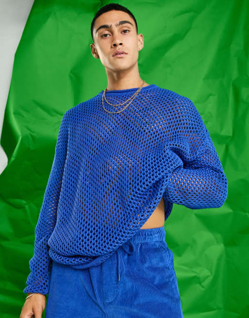ASOS DESIGN knitted fishnet sweater in colbalt blue
