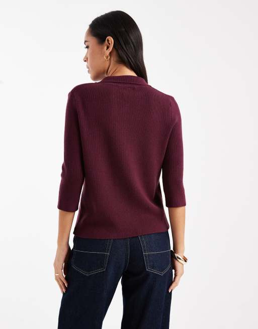 ASOS DESIGN knitted fitted collared cardigan in berry red, 4 of 4