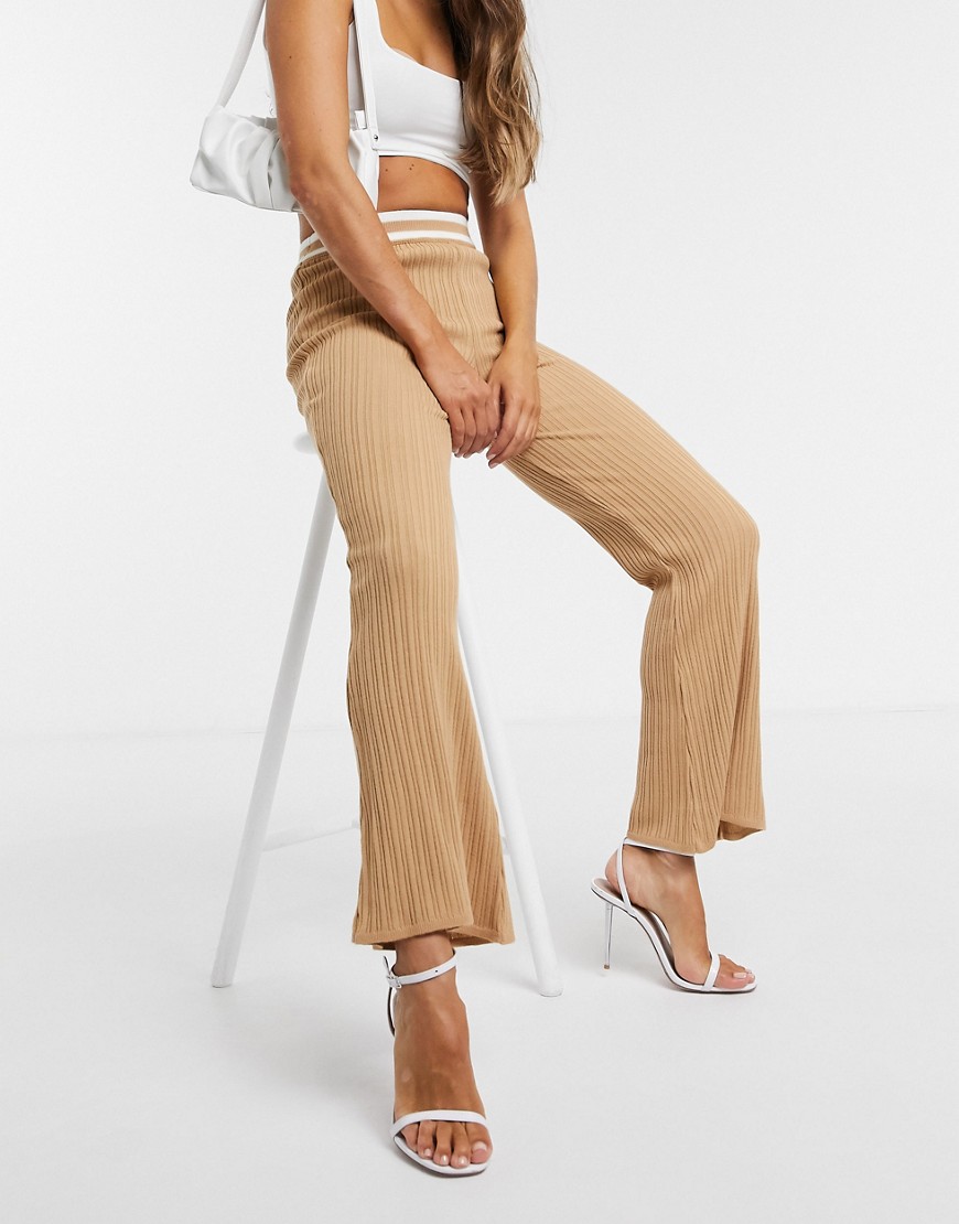 ASOS DESIGN knitted flare pant in camel stripe - part of a set-Neutral