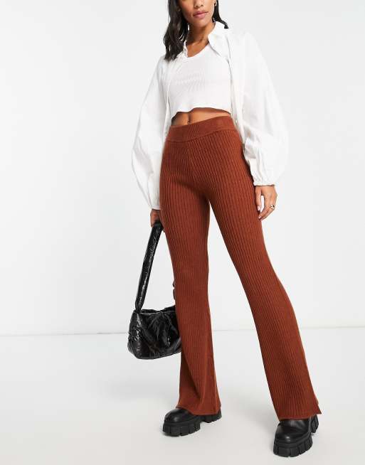 Ribbed Knit Flare Leg Pants - Brown