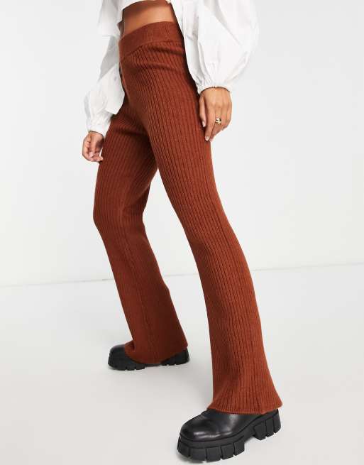 Brown Rib High Waist Seam Flare Pants