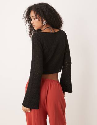 Asos Design Knitted Flared Sleeve Top In Black