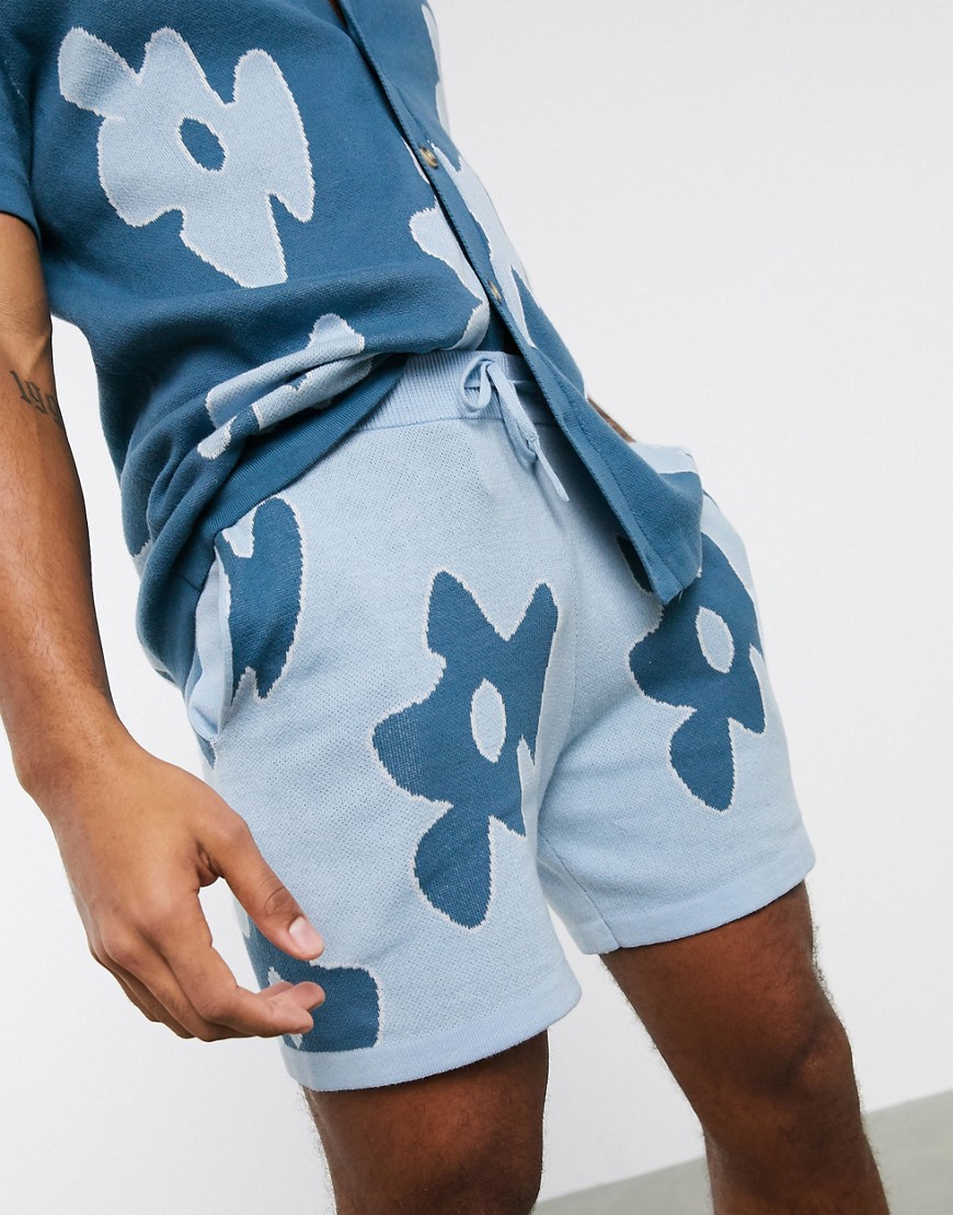 ASOS DESIGN knitted floral co-ord shorts in pale blue