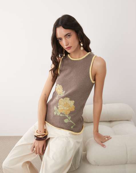 ASOS DESIGN knitted floral cross-stitch embroidered tank in brown - view 1