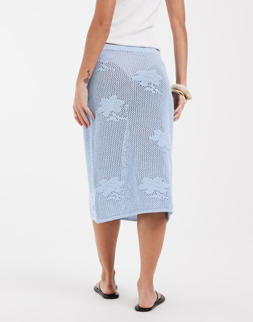 ASOS DESIGN knitted floral lace midi skirt co-ord in blue, 2 of 5