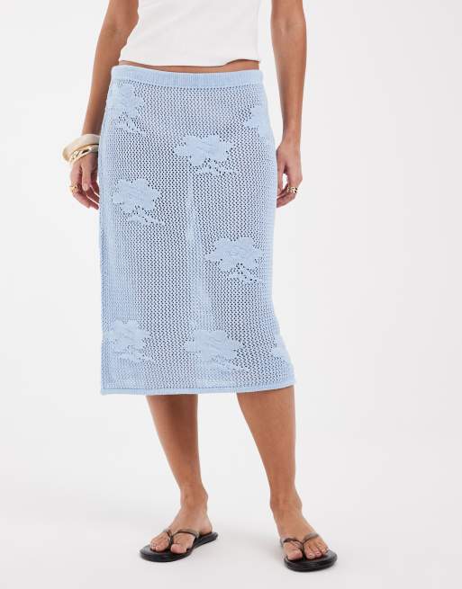 ASOS DESIGN knitted floral lace midi skirt co-ord in blue, 3 of 5