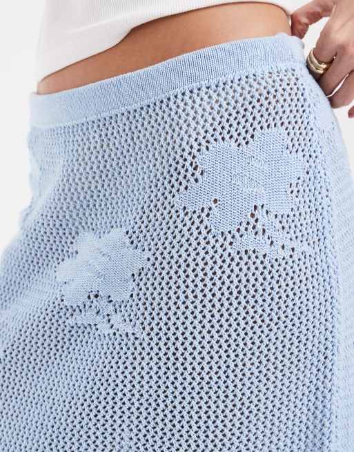 ASOS DESIGN knitted floral lace midi skirt co-ord in blue, 5 of 5
