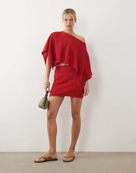ASOS DESIGN knitted floral lace mini skirt in red (part of a set) - view 1