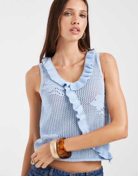 ASOS DESIGN knitted floral lace top co-ord in blue - view 1