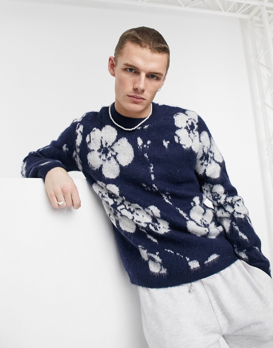 ASOS DESIGN knitted floral sweater in navy brushed yarn