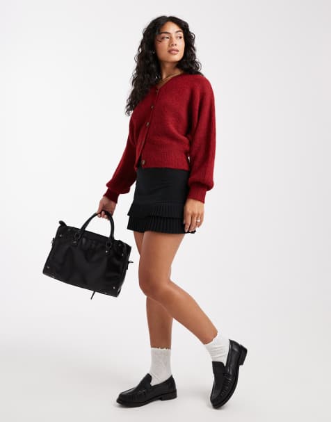 ASOS DESIGN knitted fluffy batwing cardigan in burgundy - view 1