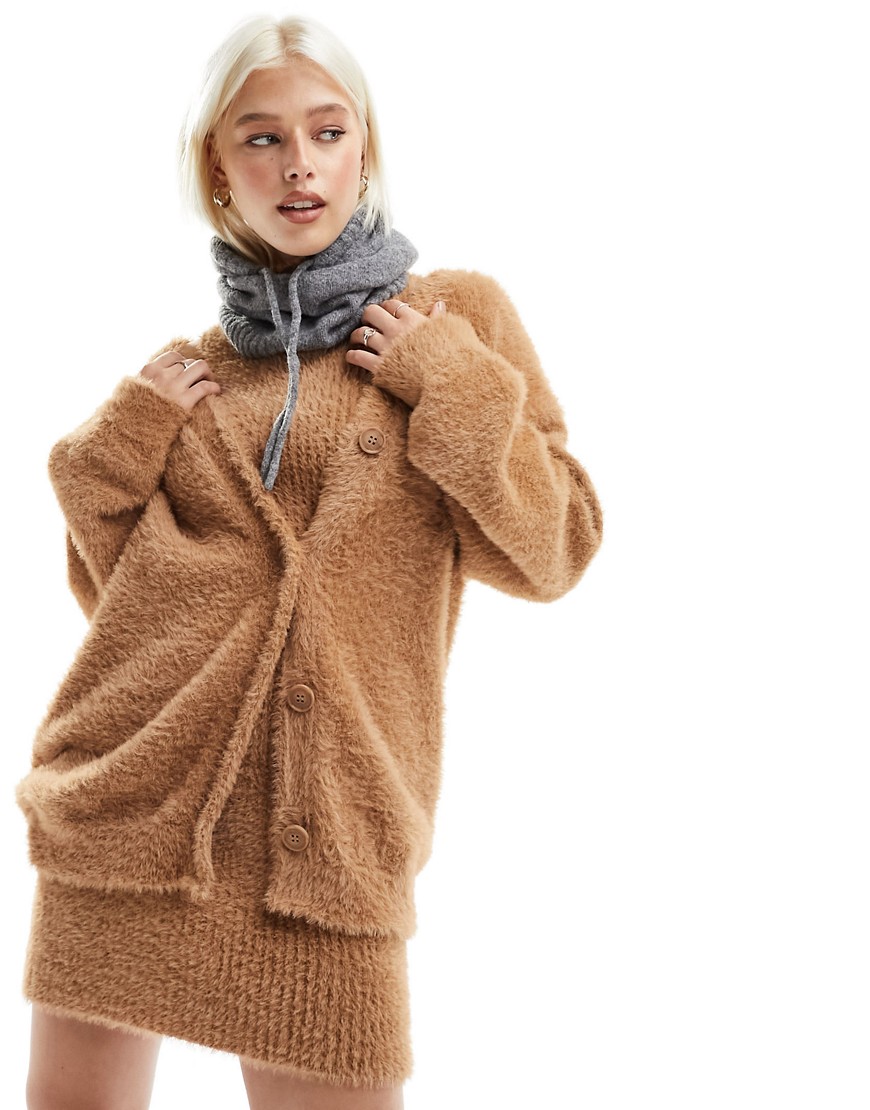 ASOS DESIGN knitted fluffy cardigan co-ord in camel-Neutral
