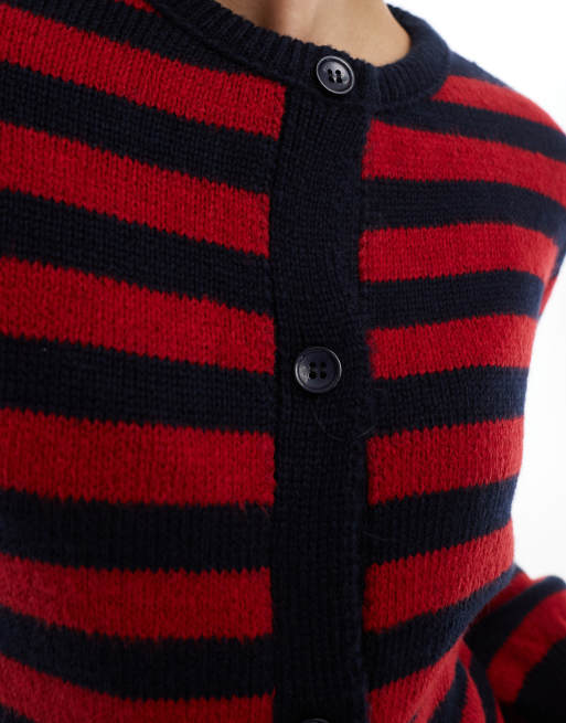 ASOS DESIGN knitted fluffy cardigan in blurred navy and red stripe