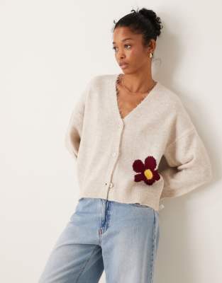 Asos Design Knitted Fluffy Cardigan With Flower Design In Ecru-white