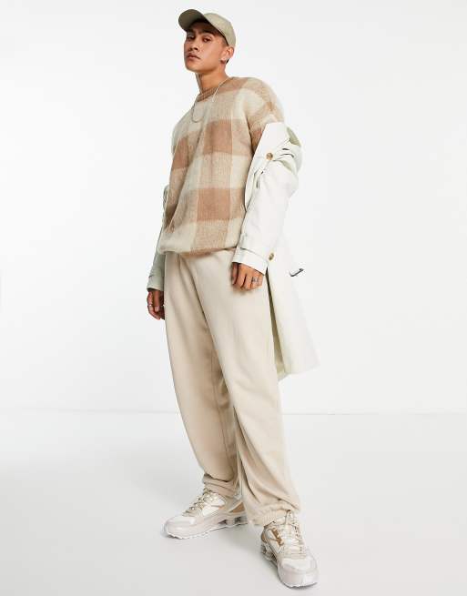 ASOS DESIGN knitted fluffy check jumper in beige