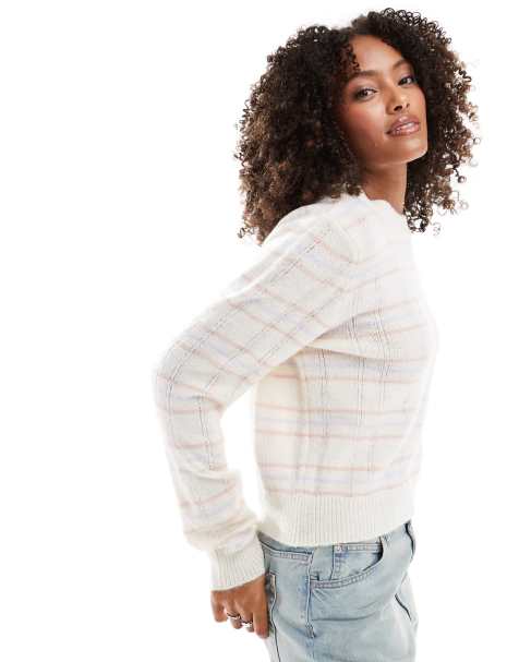 ASOS DESIGN knitted fluffy checked jumper in ecru - view 1