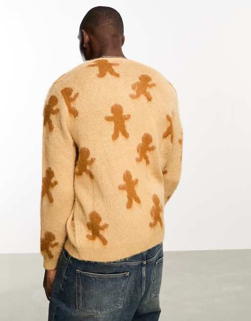 ASOS DESIGN knitted fluffy Christmas jumper in light brown gingerbread pattern, 2 of 4