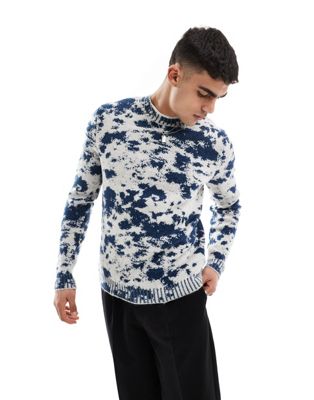 ASOS DESIGN knitted fluffy jumper in navy tie dye pattern
