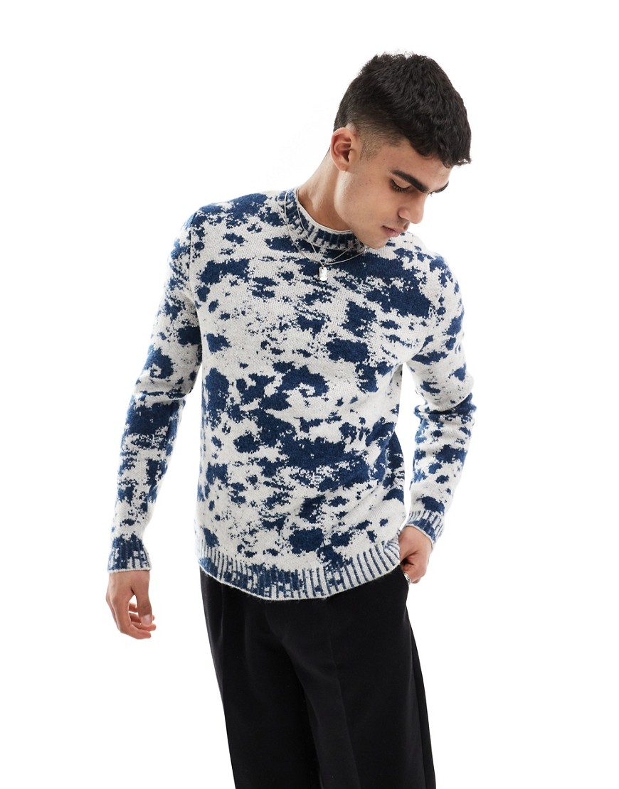 ASOS DESIGN knitted fluffy jumper in navy tie dye pattern