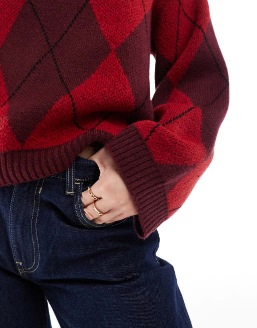 ASOS DESIGN knitted fluffy jumper with argyle pattern in red and