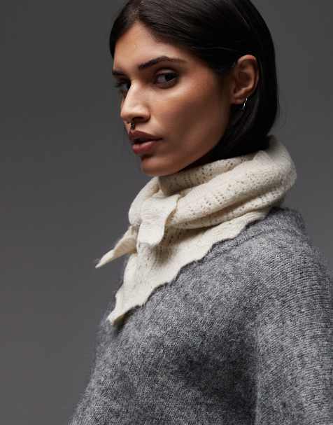 ASOS DESIGN knitted fluffy pointelle neck scarf in ecru - view 1