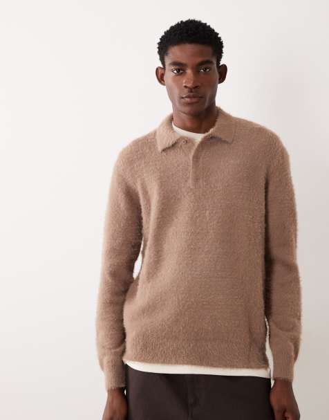 ASOS DESIGN knitted fluffy polo jumper in brown