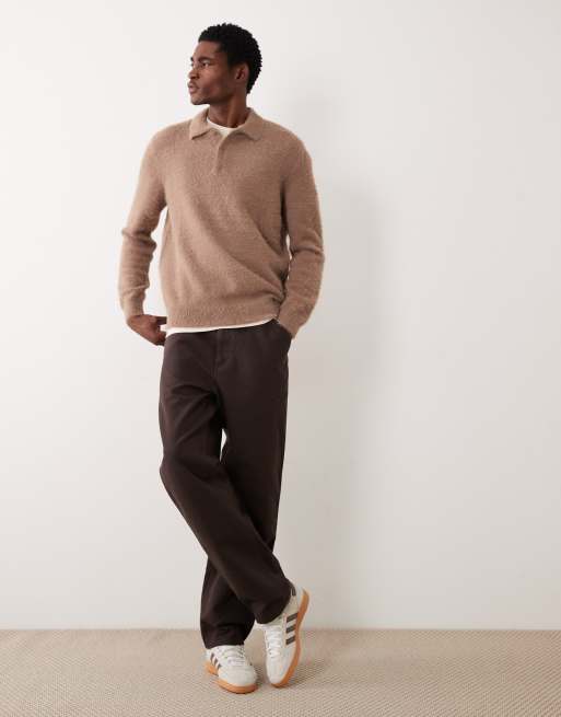 ASOS DESIGN knitted fluffy polo jumper in brown, 2 of 5