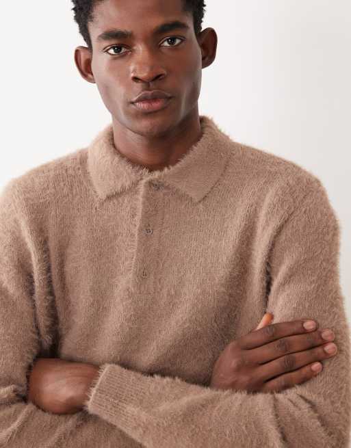 ASOS DESIGN knitted fluffy polo jumper in brown, 3 of 5