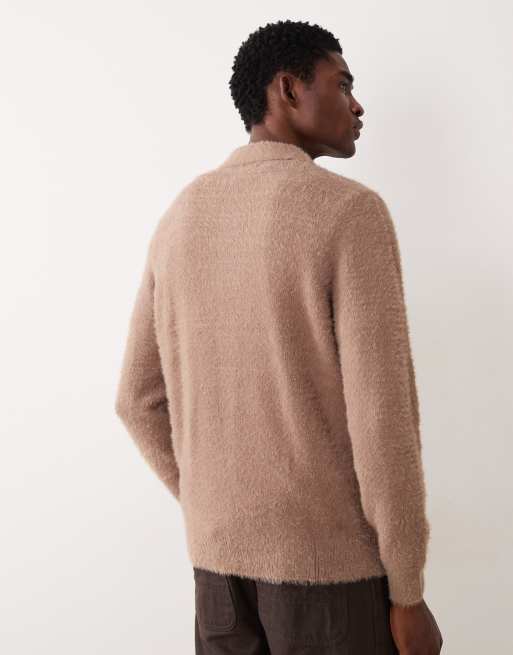 ASOS DESIGN knitted fluffy polo jumper in brown, 5 of 5