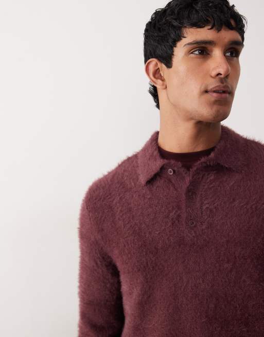 ASOS DESIGN knitted fluffy polo jumper in burgundy, 4 of 5
