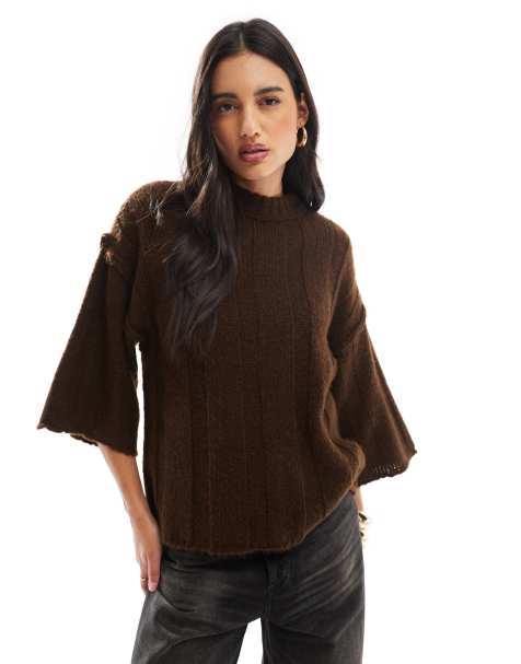 ASOS DESIGN knitted fluffy rib t shirt jumper in chocolate - view 1