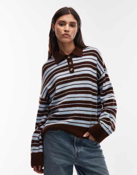 ASOS DESIGN knitted fluffy rugby top in blue and brown stripe - view 1