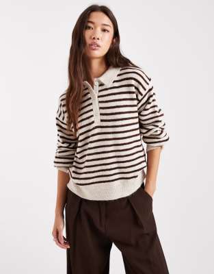 ASOS DESIGN ASOS DESIGN knitted fluffy rugby top in brown stripe-Multi