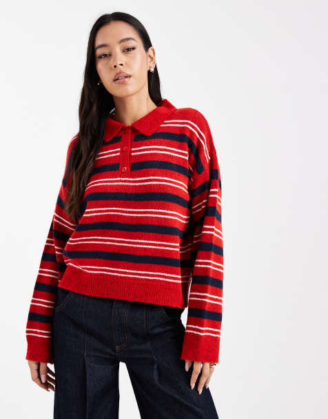 ASOS DESIGN knitted fluffy rugby top in red stripe - view 1