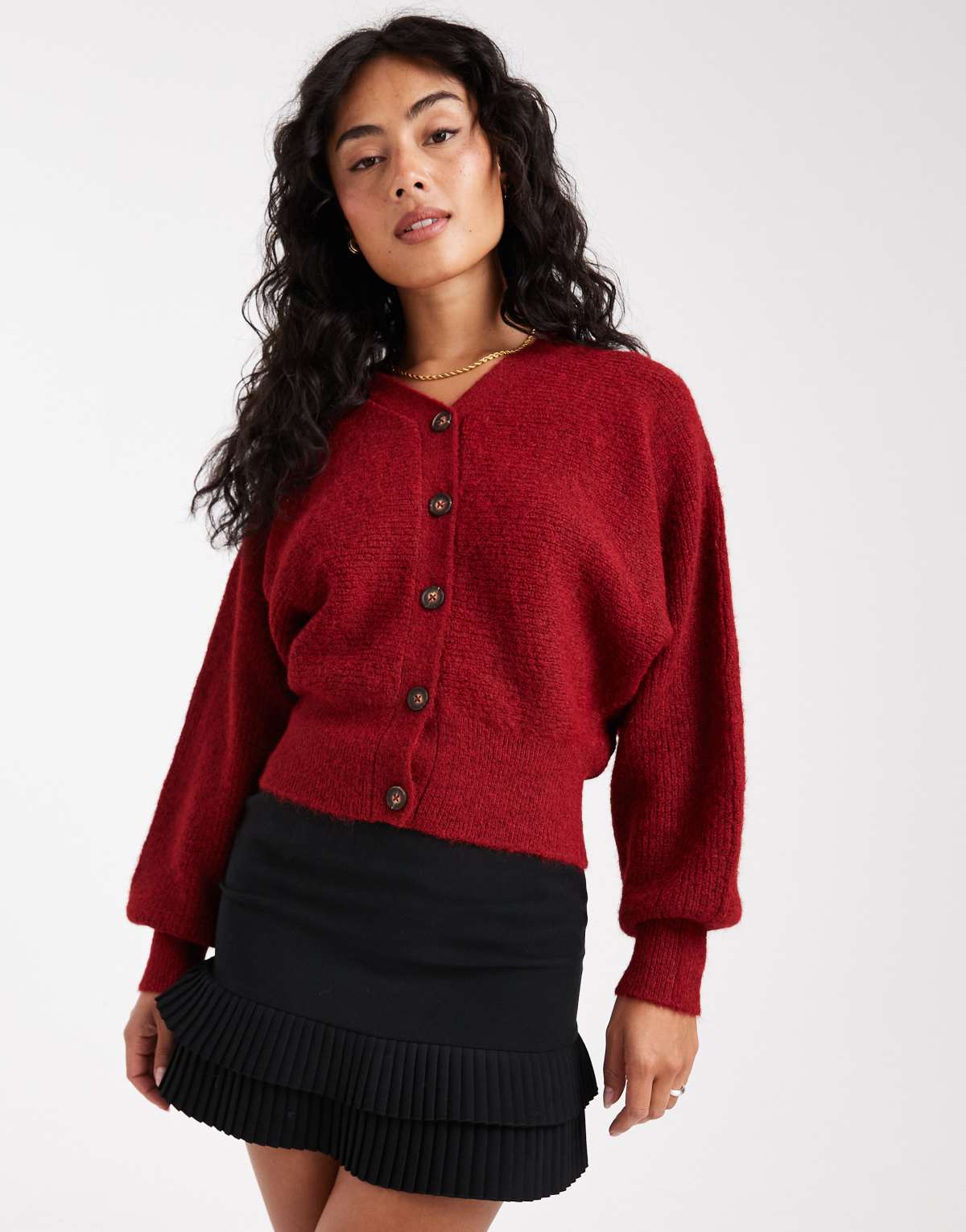 ASOS DESIGN knitted fluffy waisted cardigan in burgundy