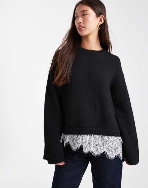 ASOS DESIGN knitted fluffy wide sleeve jumper with lace hem in black - view 1