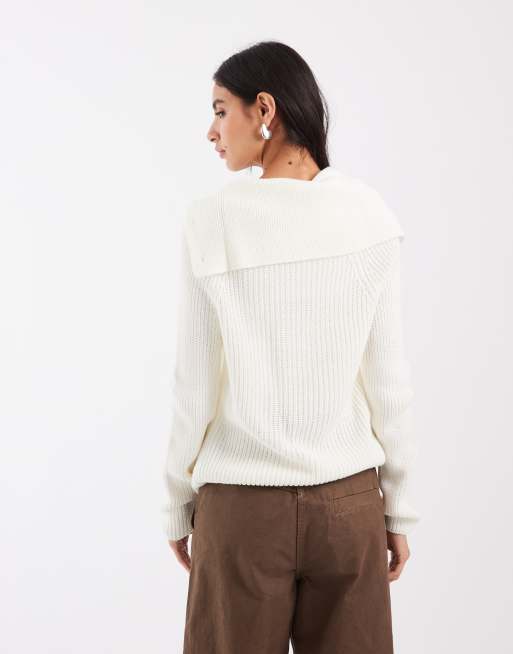 ASOS DESIGN knitted fold over detail sweater in oatmeal, 4 of 4