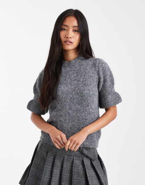 ASOS DESIGN knitted frill cuff short sleeve top in charcoal - view 1