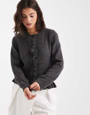 ASOS DESIGN knitted frill detail cardigan in charcoal-Grey