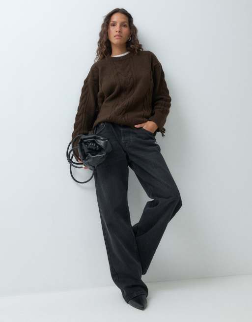 ASOS DESIGN knitted fringe cable jumper in brown, 2 of 5