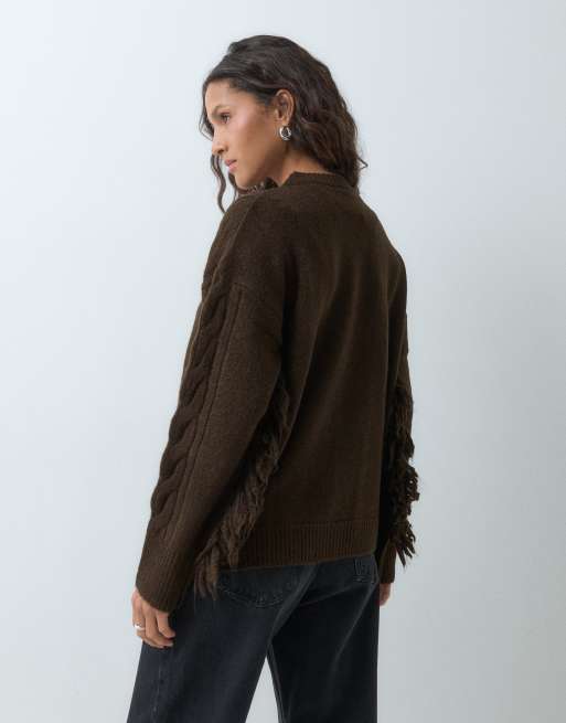 ASOS DESIGN knitted fringe cable jumper in brown, 4 of 5