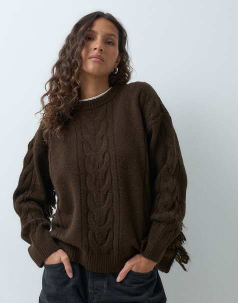 ASOS DESIGN knitted fringe cable sweater in brown - view 1