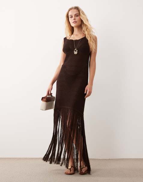 ASOS DESIGN knitted fringe maxi beach dress in brown - view 1