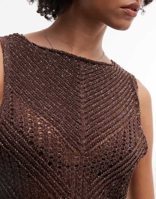 ASOS DESIGN knitted fringe mini beach dress in metallic brown, 4 of 4
