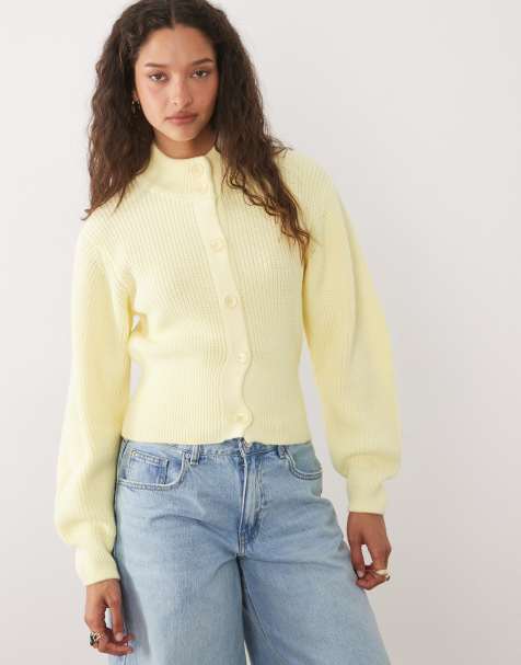 ASOS DESIGN knitted funnel neck cardigan in buttermilk yellow - view 1
